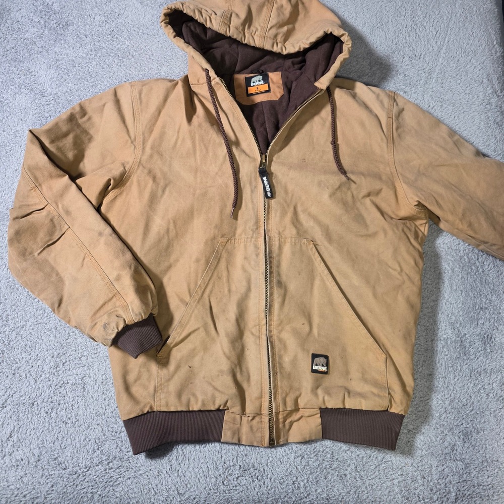 Berne Mens Large Tall Hooded Work Jacket Brown Duck Canvas Quilted HJ51BDT